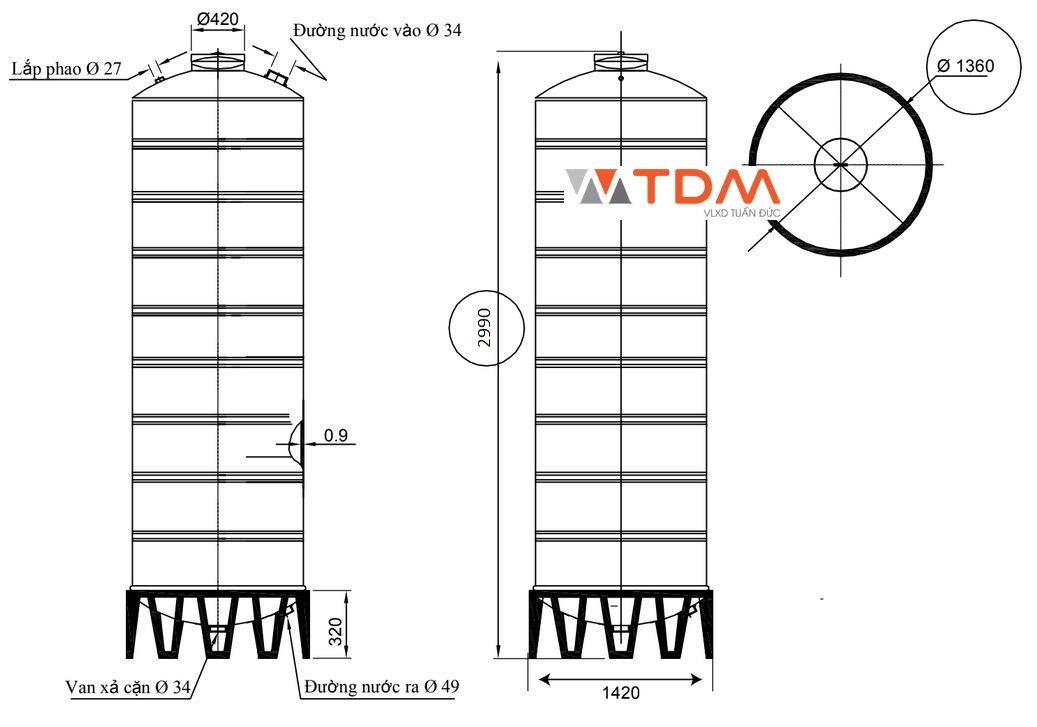 Bản vẽ bồn chứa nước inox 4000 lít Đại Thành SUS 304