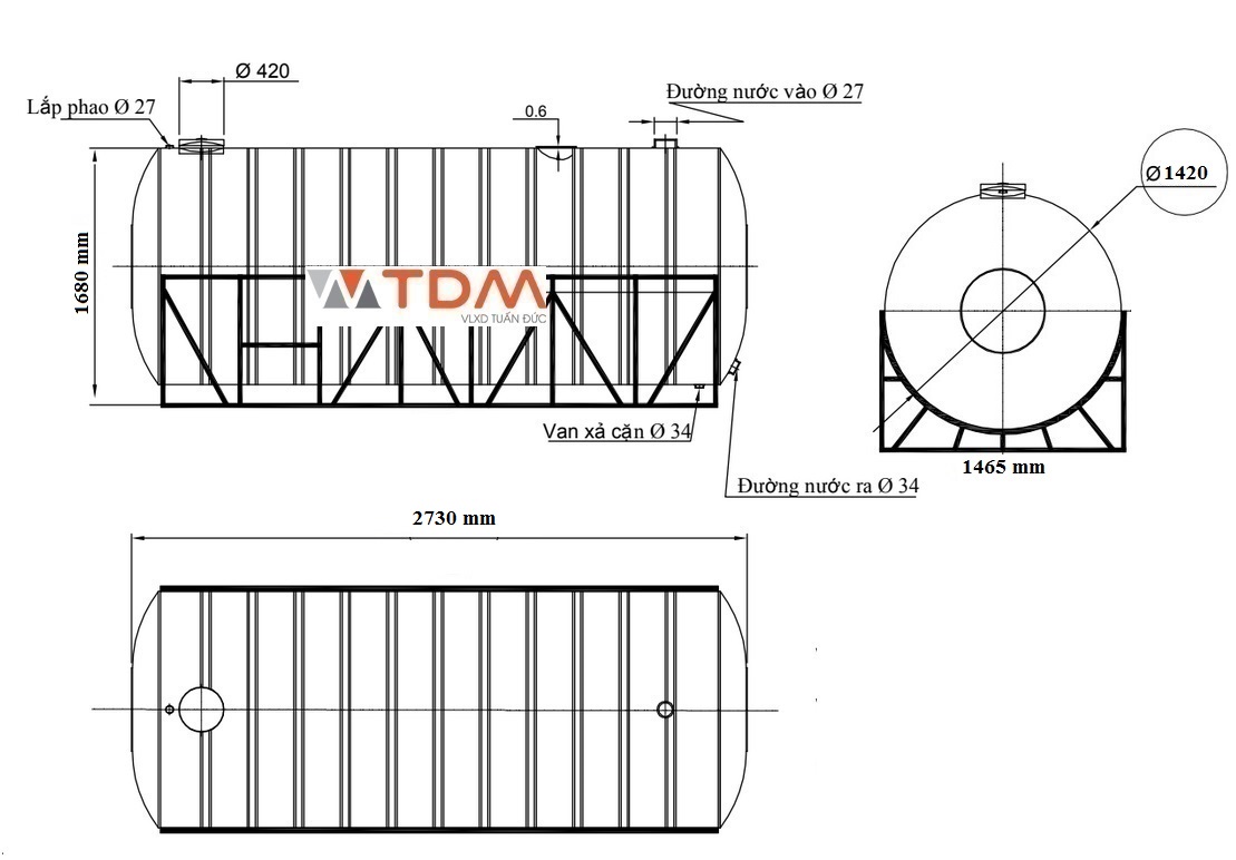 Bản vẽ téc nước inox 4000 lít ngang SUS 304 Sơn Hà phi 1420