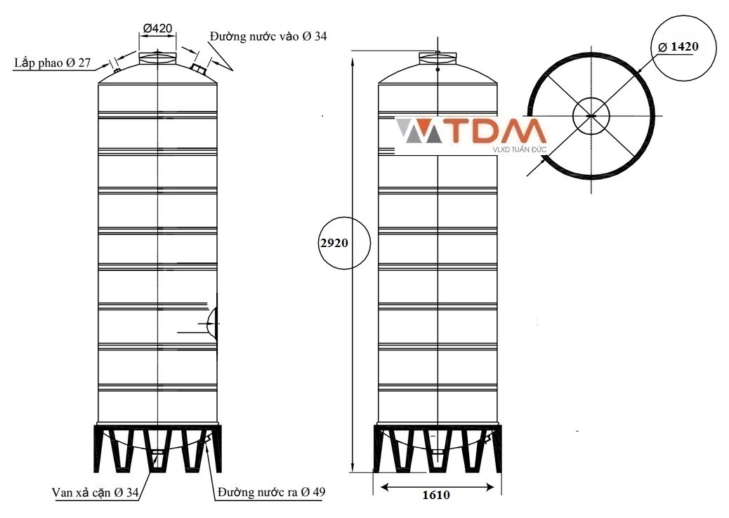 Bản vẽ téc nước inox 4000 lít đứng SUS 304 Sơn Hà phi 1420