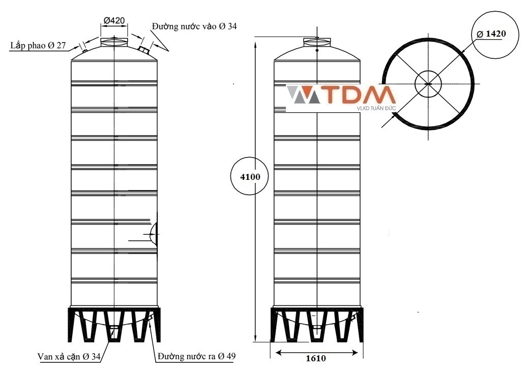 Bản vẽ téc nước inox 6000 lít đứng SUS 304 Sơn Hà phi 1420