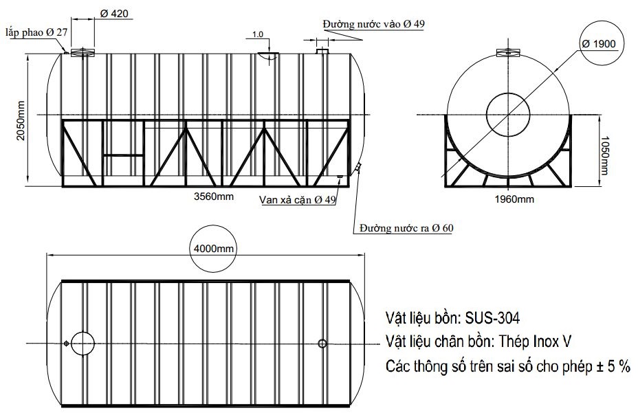Bản vẽ téc nước inox 10000L nằm Đại Thành SUS 304 phi 1,9m