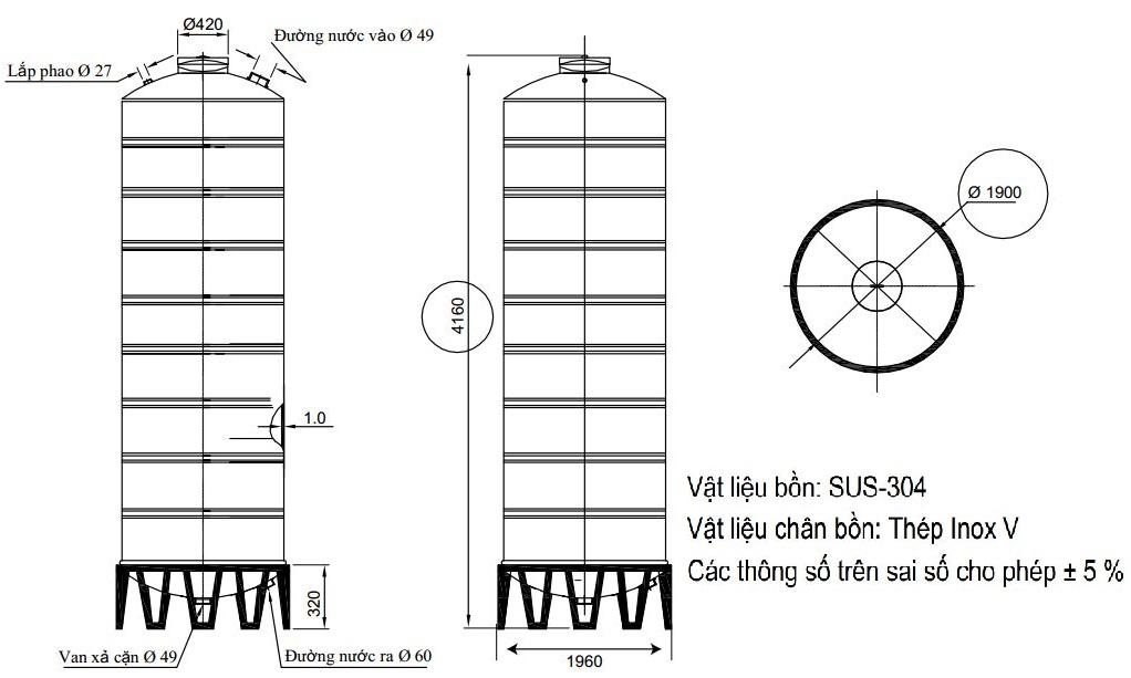 Bản vẽ bồn nước inox 12000L Đại Thành SUS 304