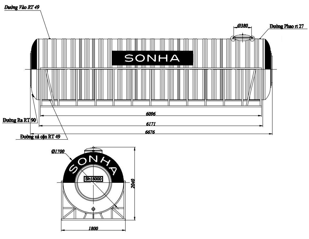Bản vẽ téc nước inox 15000 lít ngang SUS 304 Sơn Hà phi 1700