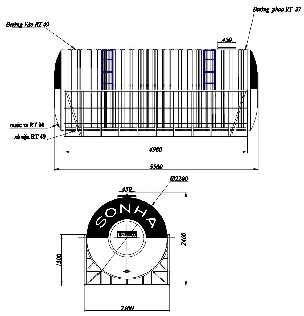 Bản vẽ téc nước inox 20000 lít ngang SUS 304 Sơn Hà phi 2200