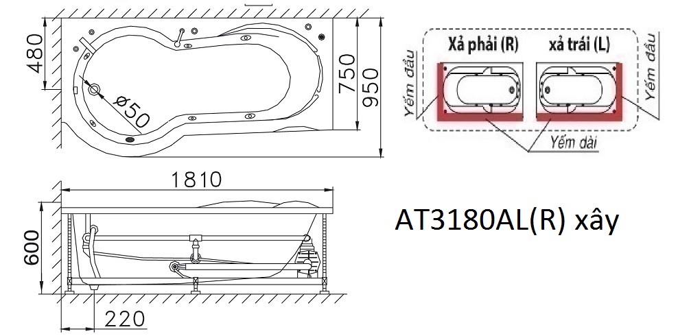 Bản vẽ kỹ thuật bồn tắm xây Caesar AT3180AL(R) 1,8M