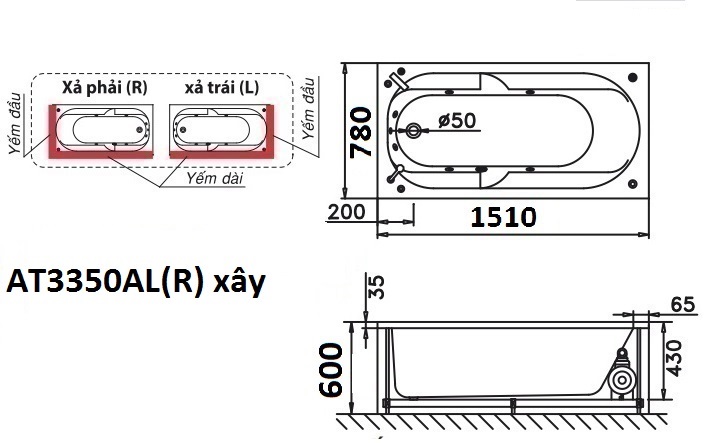 Bản vẽ kỹ thuật bồn tắm dài Caesar AT3350AL(R) 1,5M