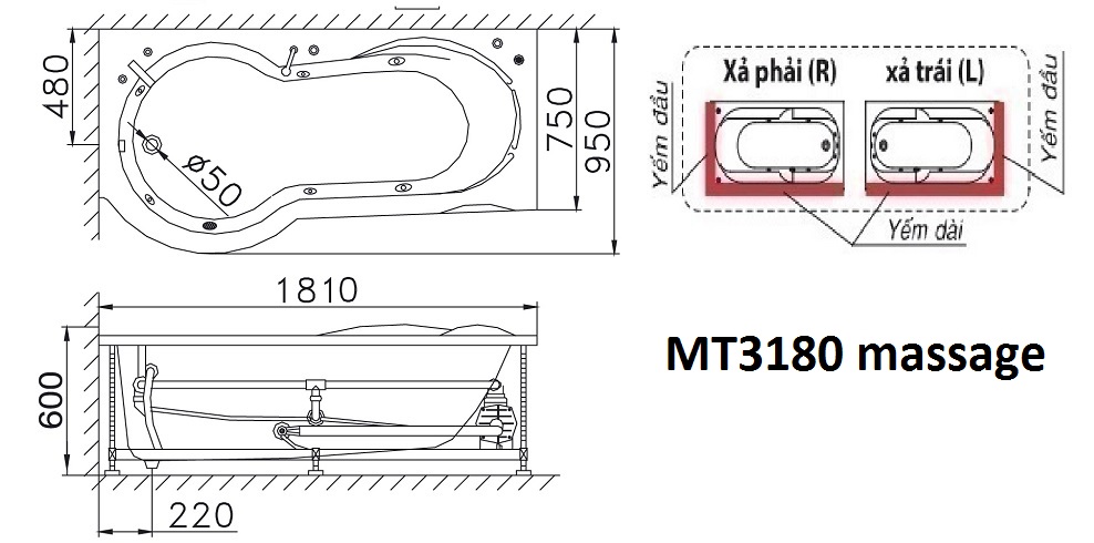 Bản vẽ kỹ thuật bồn tắm xây Caesar MT3180AL(R) massage 1,8M