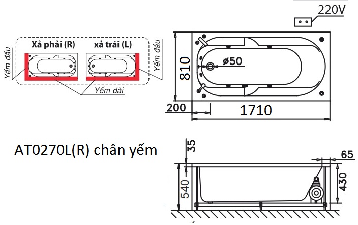 Bản vẽ kỹ thuật bồn tắm dài Caesar AT0270L(R) 1.7M