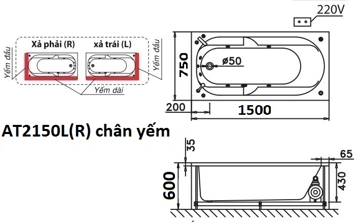 Bản vẽ kỹ thuật bồn tắm dài Caesar AT2150L(R) 1.5M