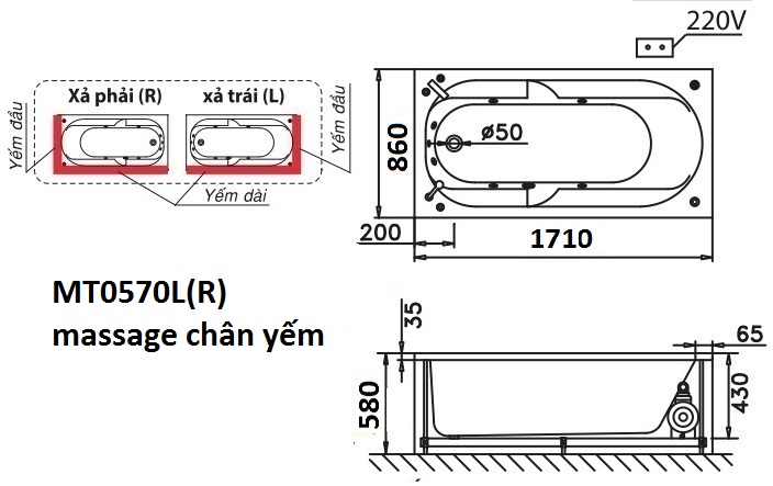 Bản vẽ kỹ thuật bồn tắm dài Caesar MT0570L(R) 1,7M