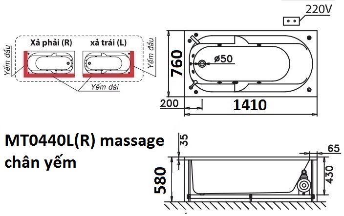 Bản vẽ kỹ thuật bồn tắm dài Caesar massage MT0440L(R) 1,4M