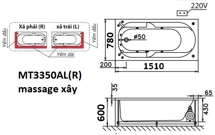 Bản vẽ kỹ thuật bồn tắm dài Caesar MT3350AL(R) 1,5M