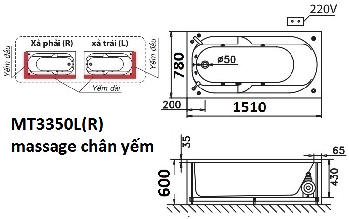 Bản vẽ kỹ thuật bồn tắm dài Caesar MT3350L(R) 1,5M