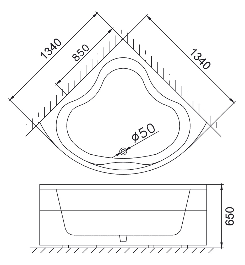 Bản vẽ kỹ thuật bồn tắm góc Caesar AT5133 1,3M