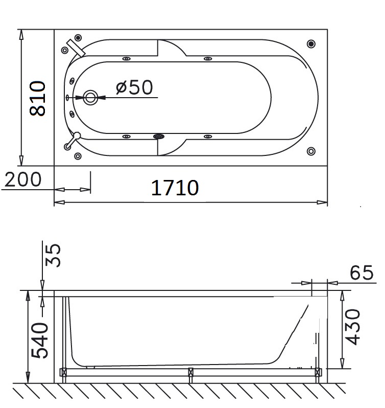 Bản vẽ kỹ thuật bồn tắm dài Caesar AT0370 1.7M