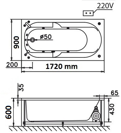 Bản vẽ kỹ thuật bồn tắm dài Caesar MT211AL(R) 1,7M