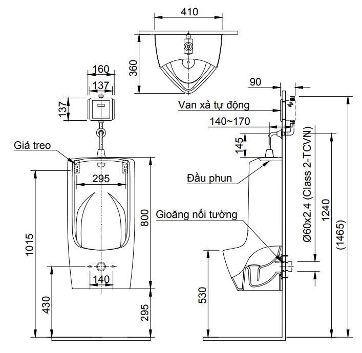 Bản vẽ bệ tiểu nam treo tường U-411V INAX