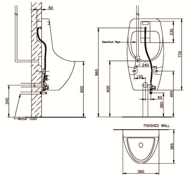 Bản vẽ bồn tiểu nam Nahm SVU239020U1N01 cảm ứng treo tường