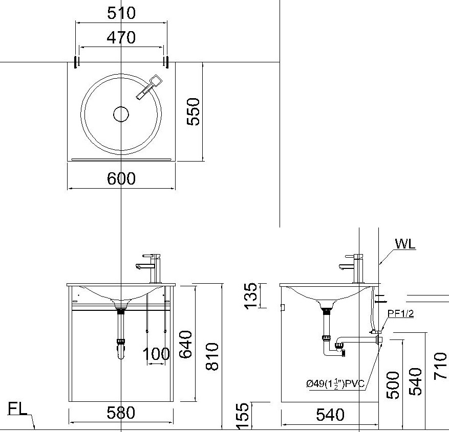 Bản vẽ kỹ thuật chậu rửa mặt LF5038 EH151VV treo tường