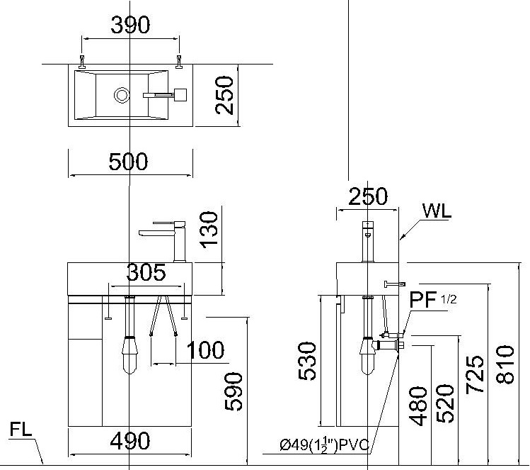 Bản vẽ kỹ thuật lavabo Caesar LF5239S EH250V