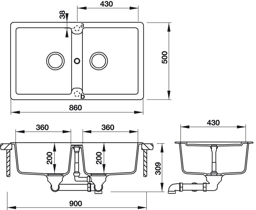 Bản vẽ chậu đá 570.36.500 Hafele 2 hộc