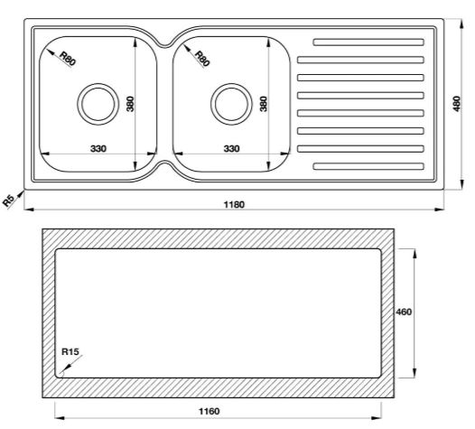 Bản vẽ chậu đá HS-S11848 Hafele 2 hộc có cánh