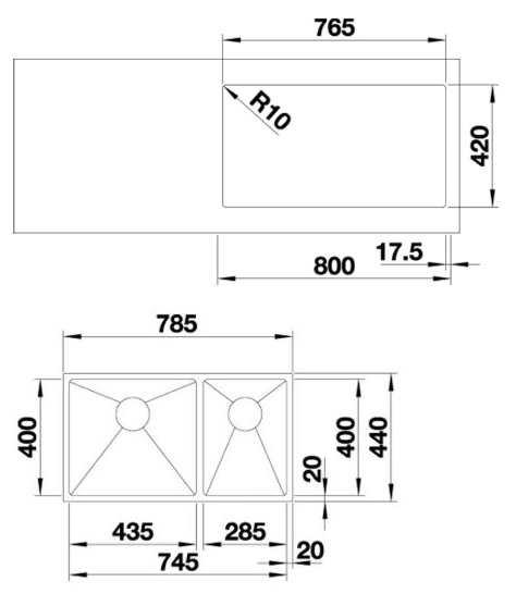 Bản vẽ chậu đá R15 435 285 IU Hafele 2 hộc