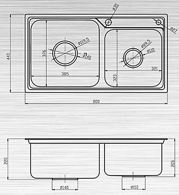 Bản vẽ kỹ thuật chậu rửa bát inox S80D Sơn Hà