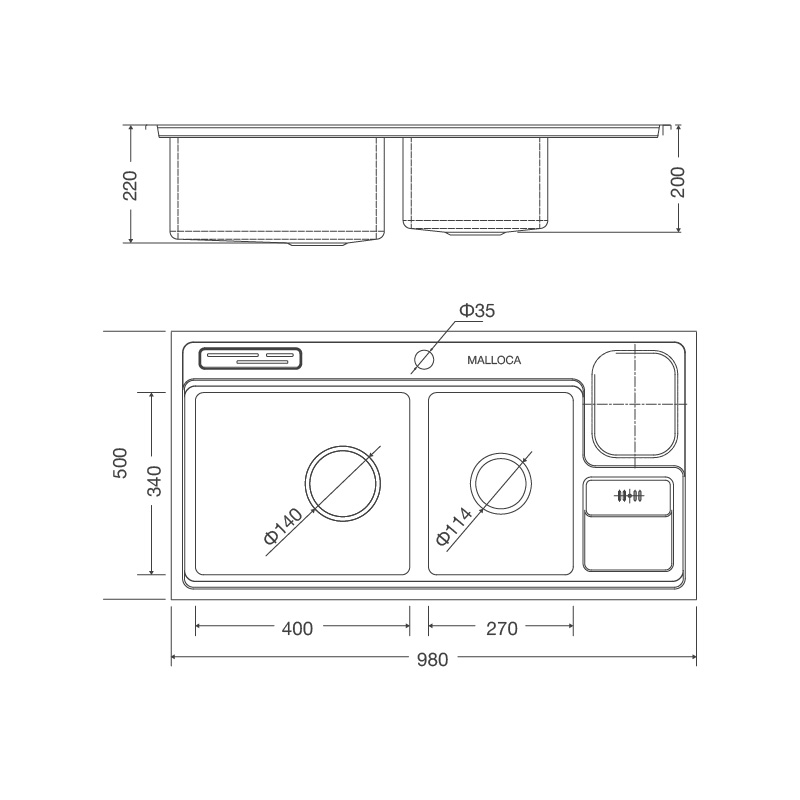 Bản vẽ kỹ thuật chậu inox 304 Malloca MS 8804 rửa chén bát