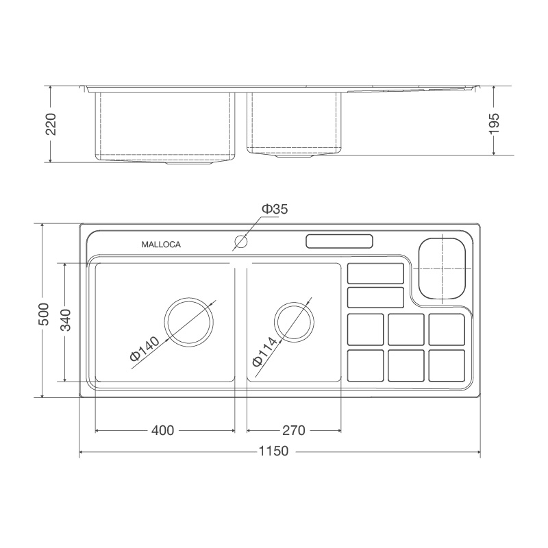 Bản vẽ kỹ thuật chậu inox 304 Malloca MS 8817 rửa chén bát