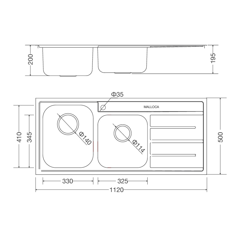 Bản vẽ kỹ thuật chậu inox 304 Malloca MS 1027R NEW rửa chén bát