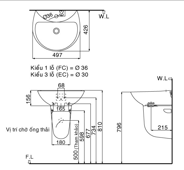 Bản vẽ bồn rửa mặt lavabo INAX L285V kèm chân L288VC