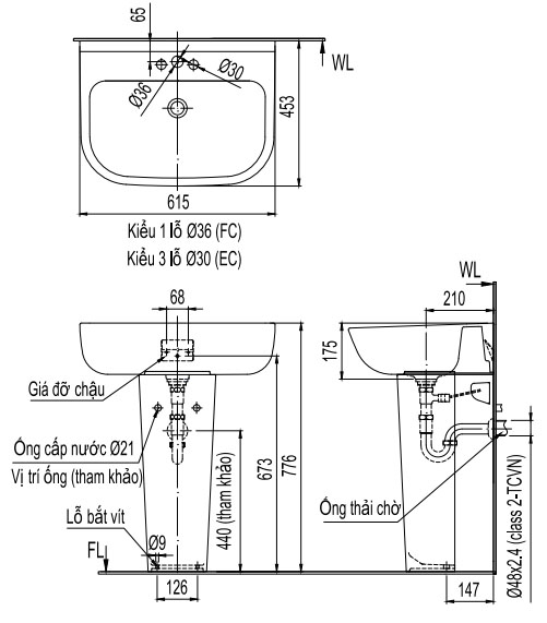 Bản vẽ bồn rửa mặt lavabo INAX L298V kèm chân L298VD