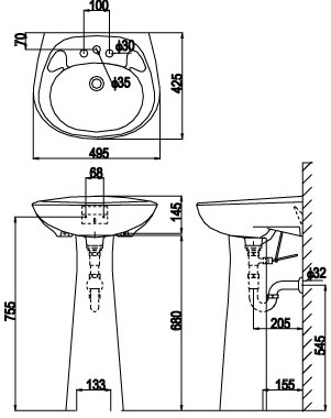 Bản vẽ bồn rửa mặt lavabo INAX L284V kèm chân L284VD