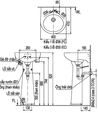 Bản vẽ bồn rửa mặt lavabo INAX L282V kèm chân L284VD