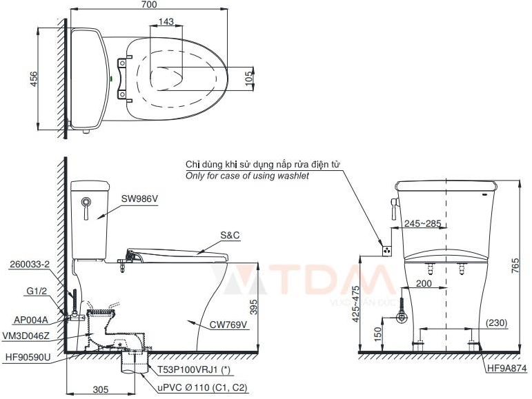 Bản vẽ bồn cầu CS 986 nắp điện tử TCF4911Z TOTO