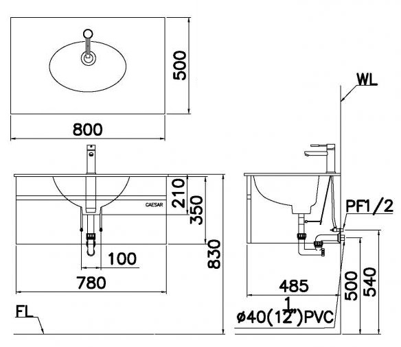 Bản vẽ kĩ thuật lavabo treo tường Caesar LF5026-EH680V