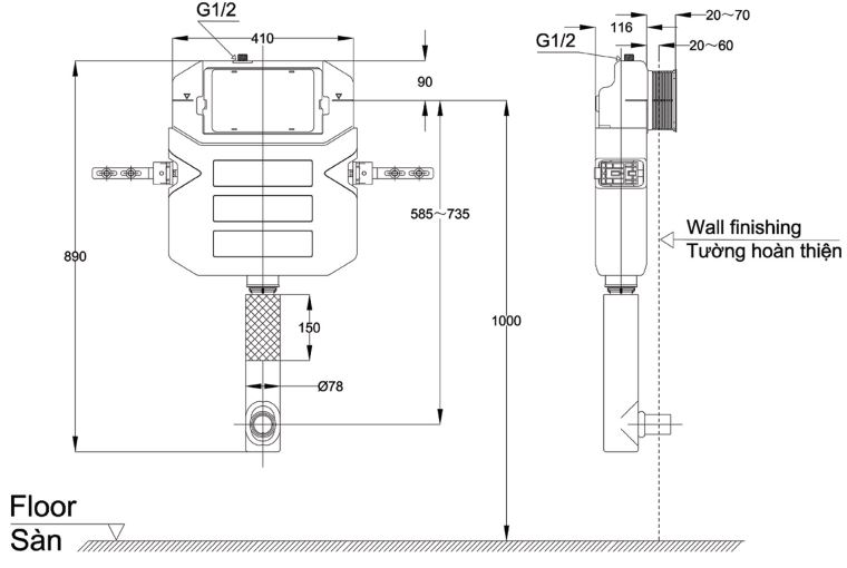 Bản vẽ kỹ thuật két nước âm tường WH060 TOTO