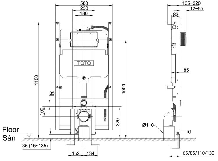 Bản vẽ kỹ thuật két nước âm tường WH172A AT TOTO