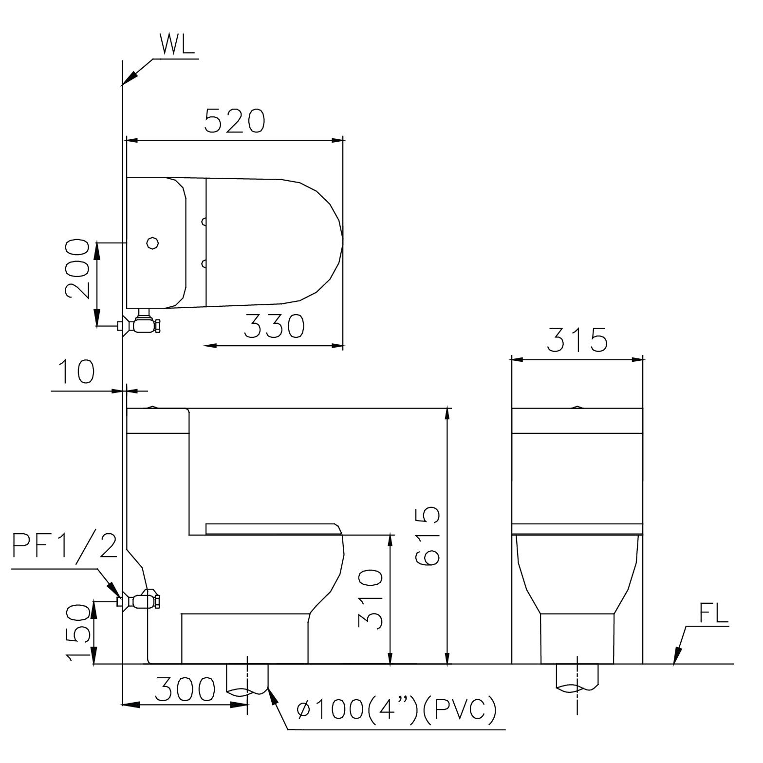 Bản vẽ bồn cầu Caesar C1352 - Xí bệt bàn cầu vệ sinh 1 khối