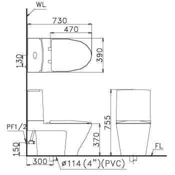 Bản vẽ bồn cầu Caesar CD1345 - Xí bệt bàn cầu vệ sinh 2 khối