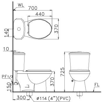 Bản vẽ bồn cầu Caesar CT1338 - Xí bệt bàn cầu vệ sinh 2 khối