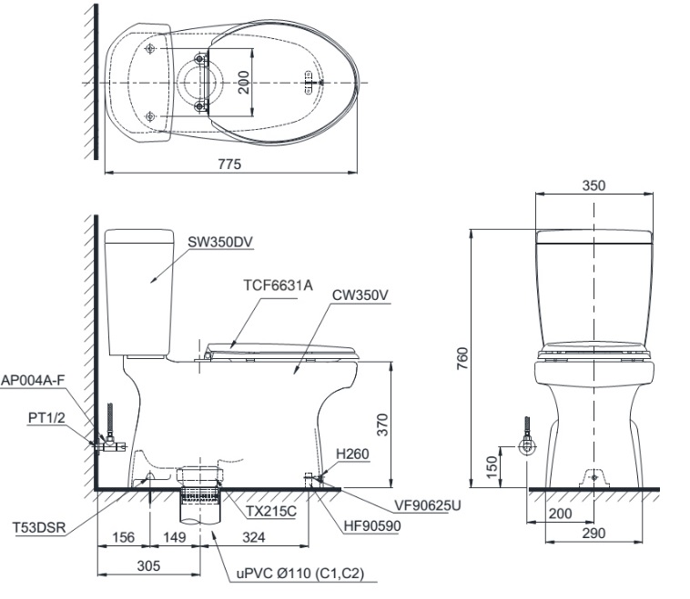 Bản vẽ bồn cầu nắp điện tử TOTO CS350DW7