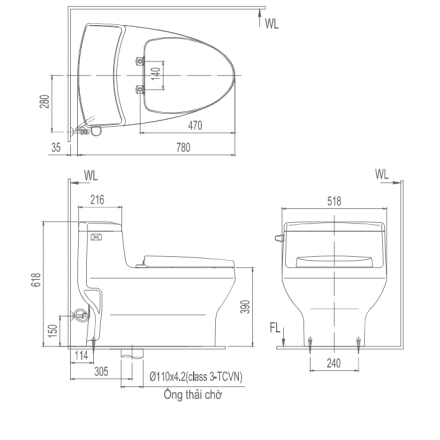 Bản vẽ bệt inax 4005 nắp điện tử CW-KB22