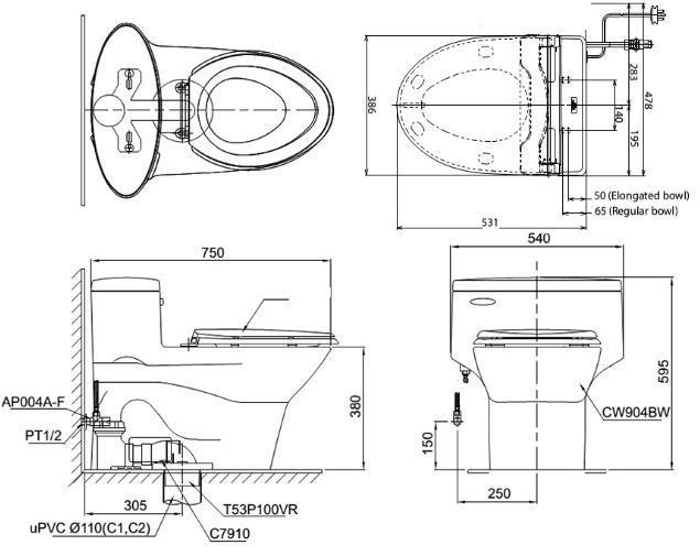 bản vẽ bồn cầu nắp điện tử TOTO MS904W4