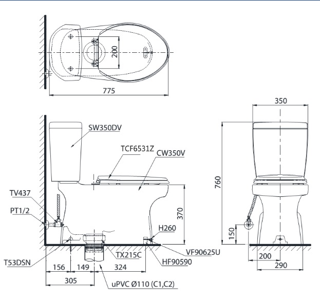 bản vẽ bồn cầu nắp rửa điện tử TOTO CS351DW6