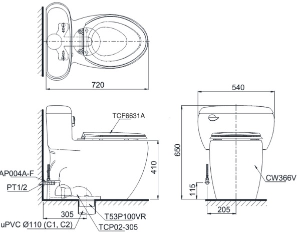 bản vẽ bồn cầu nắp điện tử TOTO MS366W7