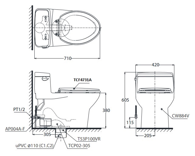 ản vẽ bồn cầu nắp điện tử TOTO MS884W4