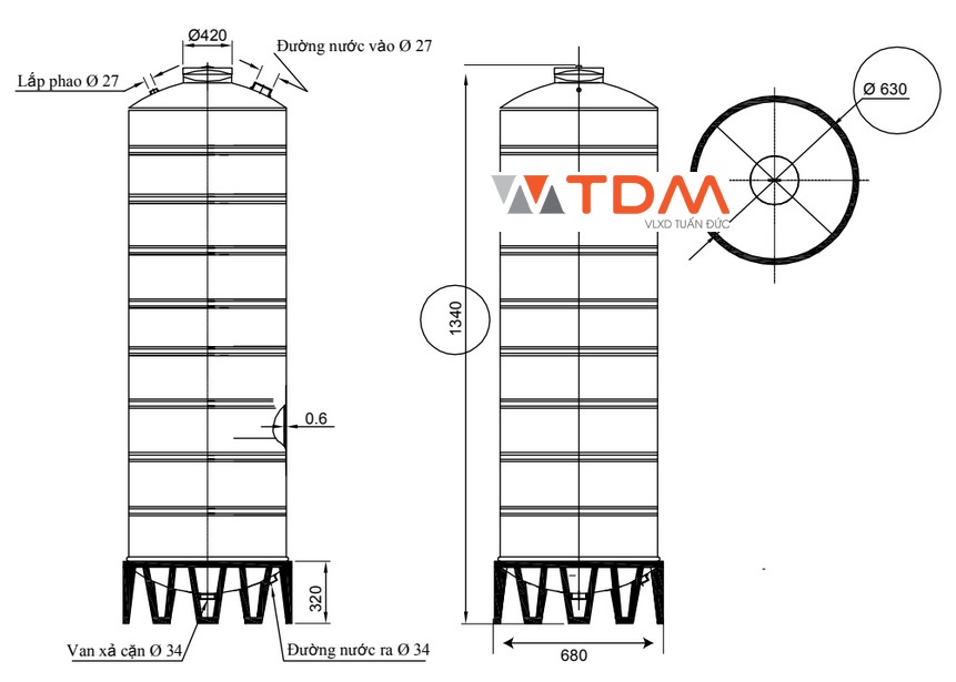 Bản vẽ bồn chứa nước inox 310 lít Đại Thành SUS 304
