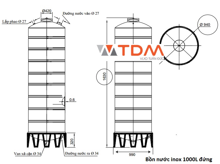 Bản vẽ bồn chứa nước inox 1000 lít Đại Thành SUS 304